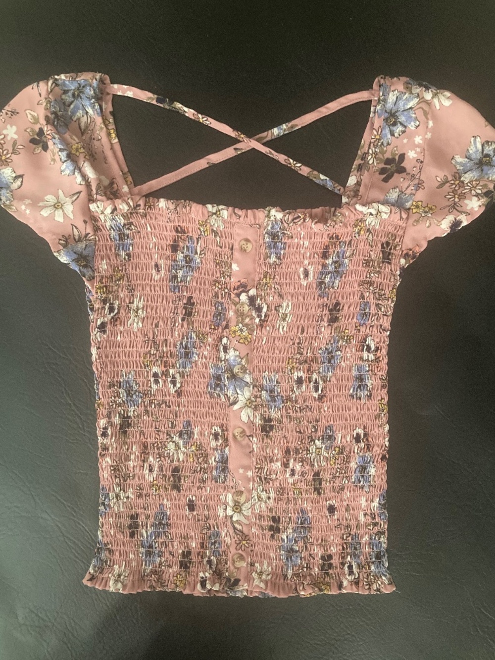 New crave fame Dusty pink black blue floral smocked cross back cropped top